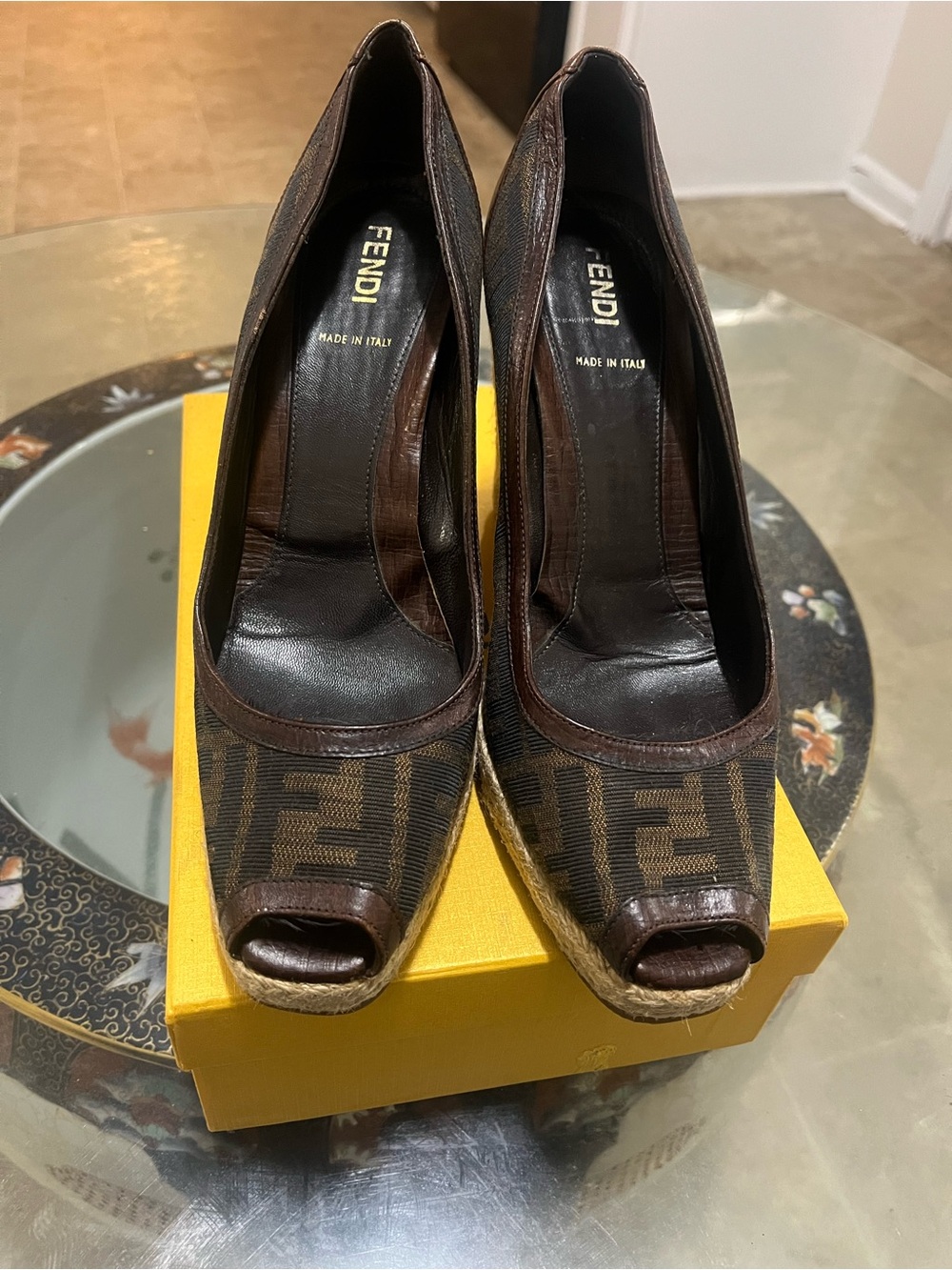 Fendi Brown FF Logo Peep-Toe Espadrille Platform Heels